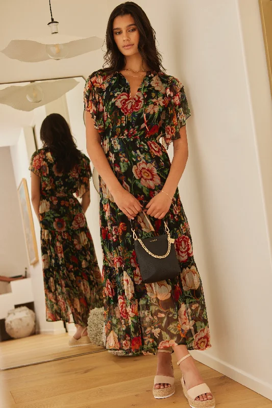 Sleeveless Women Dress in Bright Colors for Summer PartiesFlutter Black Floral Floaty Sleeve Maxi Dress Sleeveless Women Dress in Bright Colors for Summer PartiesFlutter Black Floral Floaty Sleeve Maxi Dress