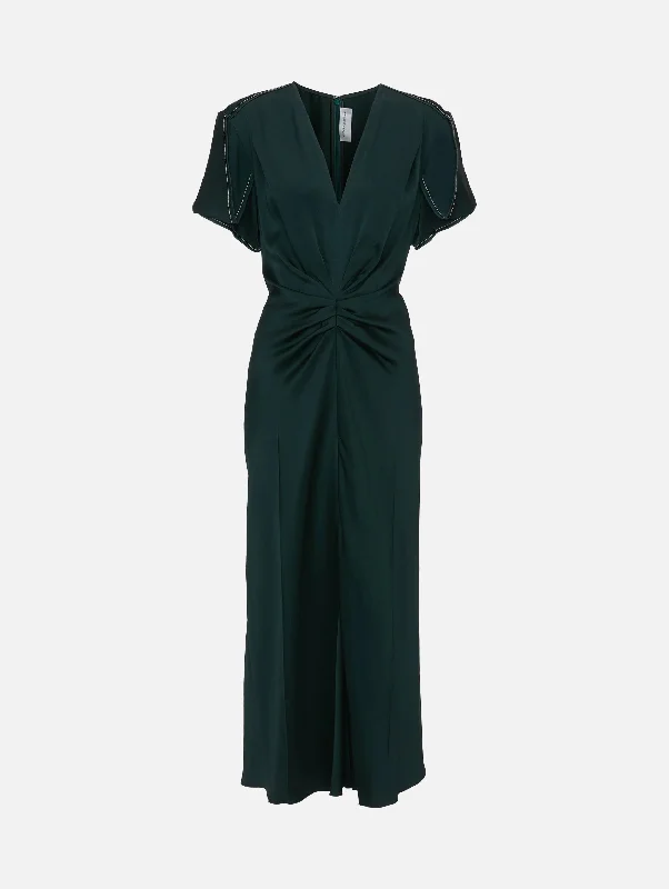 Ruffled Women Dress with Multiple Layers for a Playful and Girly StyleGathered V-Neck Midi Dress In Seaweed Ruffled Women Dress with Multiple Layers for a Playful and Girly StyleGathered V-Neck Midi Dress In Seaweed