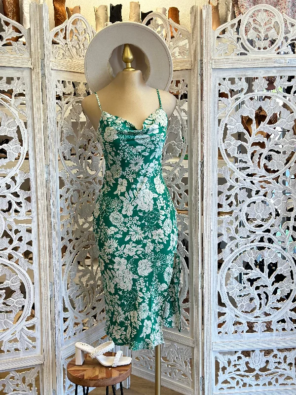 Mini Women Dress with a Short Hem for a Young and Trendy StyleGreen Flower Cowl Neck Midi Dress Mini Women Dress with a Short Hem for a Young and Trendy StyleGreen Flower Cowl Neck Midi Dress