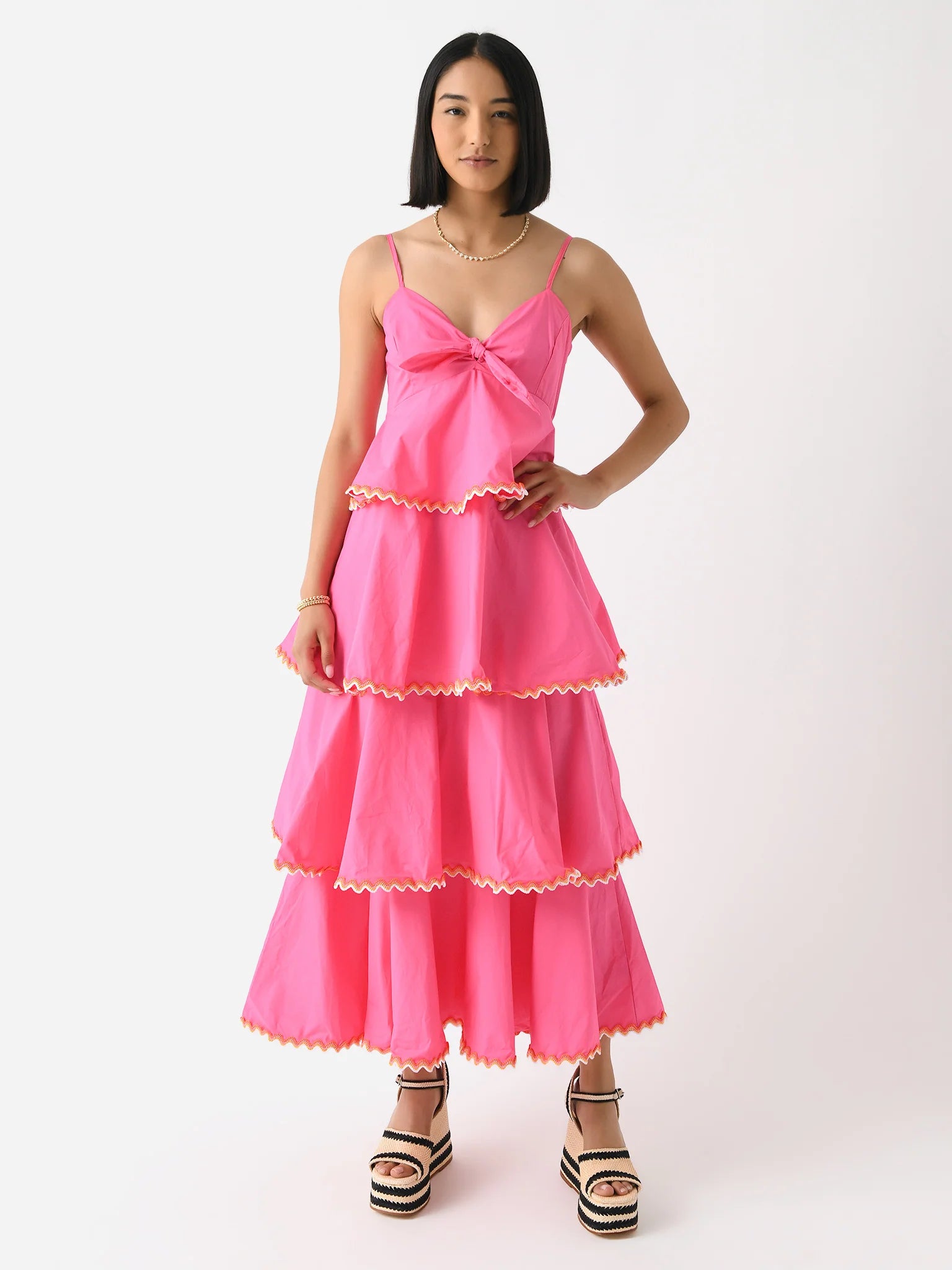 Mermaid - Style Women Dress with a Fitted Silhouette for Special OccasionsHot Pink Tiered Maxi Dress with Contrast Trim Mermaid - Style Women Dress with a Fitted Silhouette for Special OccasionsHot Pink Tiered Maxi Dress with Contrast Trim