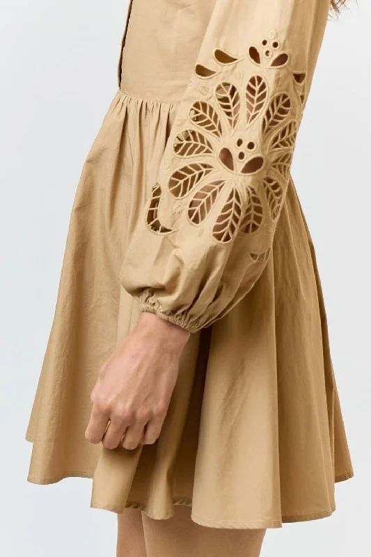 Off - the - Shoulder Women Dress for a Romantic and Feminine LookTAN BUTTON UP FLARED MINI DRESS Off - the - Shoulder Women Dress for a Romantic and Feminine LookTAN BUTTON UP FLARED MINI DRESS