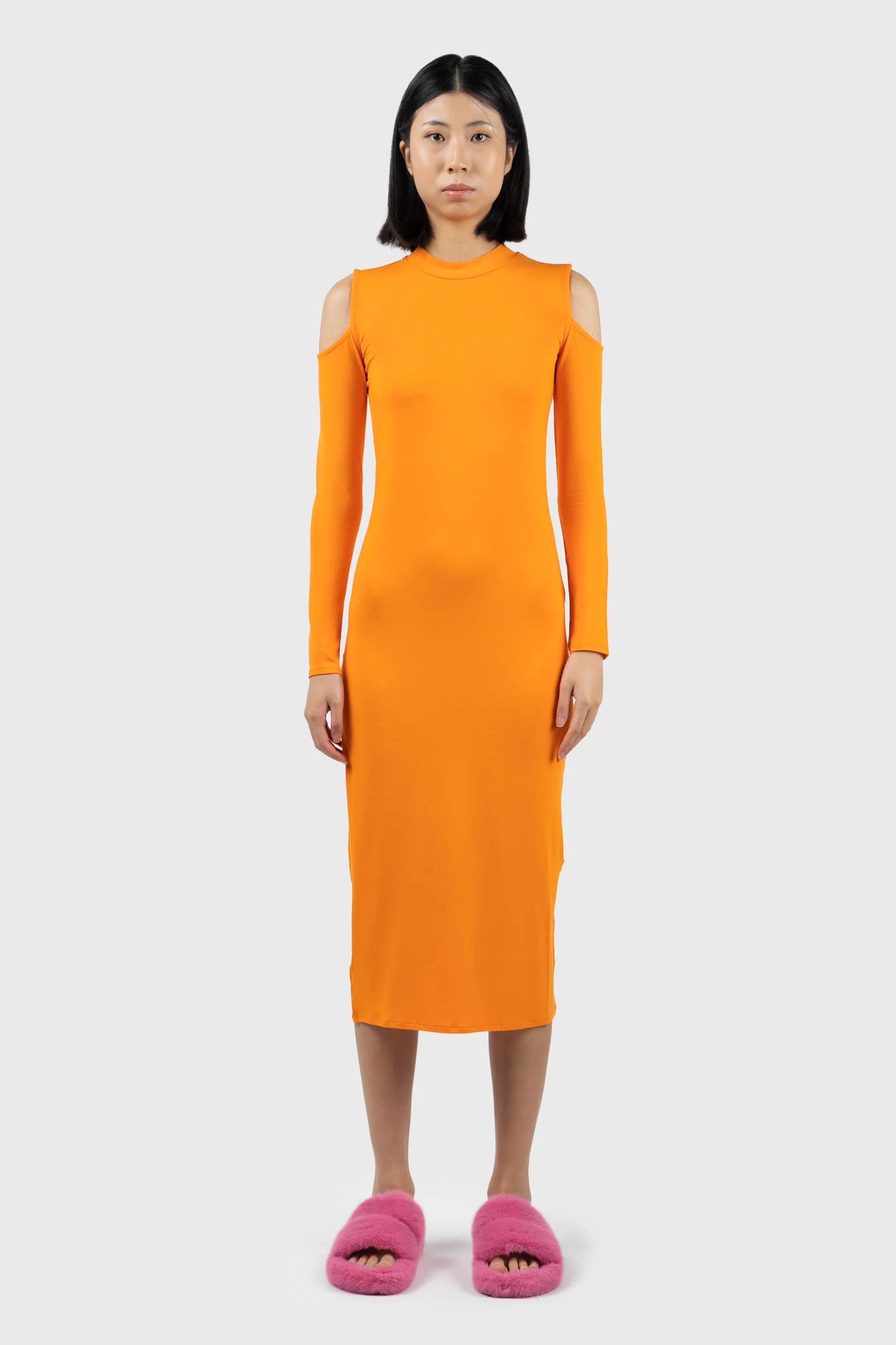 Mini Women Dress with a Short Hem for a Young and Trendy StyleCold Shoulder High Neck Midi Dress Mini Women Dress with a Short Hem for a Young and Trendy StyleCold Shoulder High Neck Midi Dress