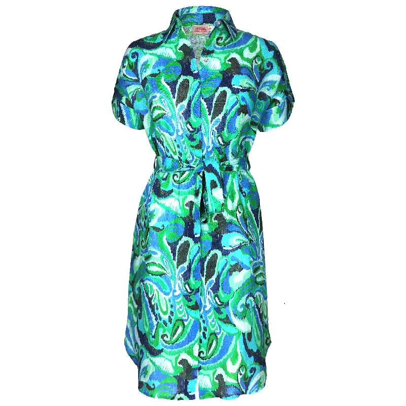 Strapless Women Dress with a Built - in Bra for Comfort and SupportPatsy Midi Shirt Dress Blu/Green Paisley Strapless Women Dress with a Built - in Bra for Comfort and SupportPatsy Midi Shirt Dress Blu/Green Paisley