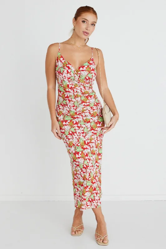 Wrap - Style Women Dress with Adjustable Fit for All Body TypesRapture Red Tropical Strappy Mock Wrap Midi Dress Wrap - Style Women Dress with Adjustable Fit for All Body TypesRapture Red Tropical Strappy Mock Wrap Midi Dress