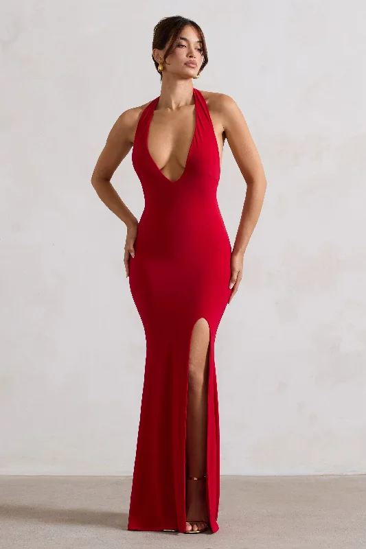 Maxi Women Dress with Floral Print for a Bohemian VibeGlamour | Red Backless V Plunge Halter Neck Maxi Dress With Side Split Maxi Women Dress with Floral Print for a Bohemian VibeGlamour | Red Backless V Plunge Halter Neck Maxi Dress With Side Split