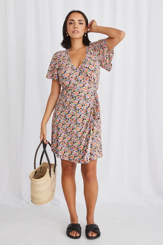 Off - the - Shoulder Women Dress for a Romantic and Feminine LookRoyals Black Garden SS Wrap Mini Dress Off - the - Shoulder Women Dress for a Romantic and Feminine LookRoyals Black Garden SS Wrap Mini Dress