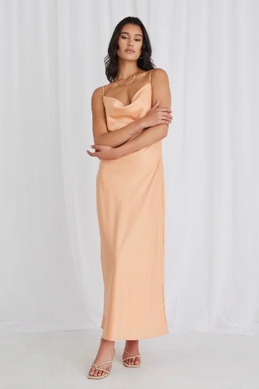 Empire Waist Women Dress to Accentuate the Bust and Conceal the WaistSovereign Melon Satin Strappy Maxi Dress Empire Waist Women Dress to Accentuate the Bust and Conceal the WaistSovereign Melon Satin Strappy Maxi Dress