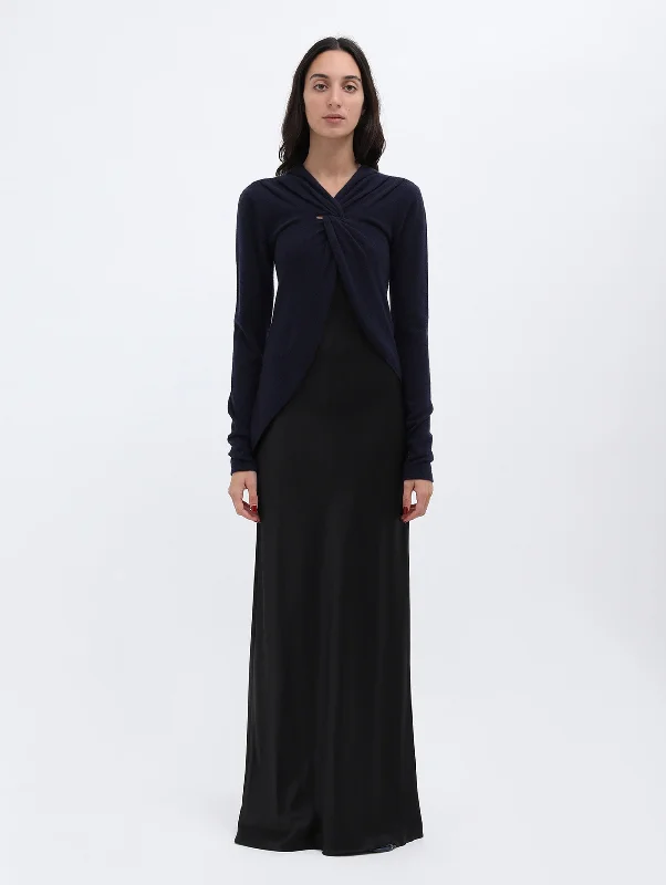 Empire Waist Women Dress to Accentuate the Bust and Conceal the WaistTwist Front Cashmere Dress in Black Graphite Empire Waist Women Dress to Accentuate the Bust and Conceal the WaistTwist Front Cashmere Dress in Black Graphite