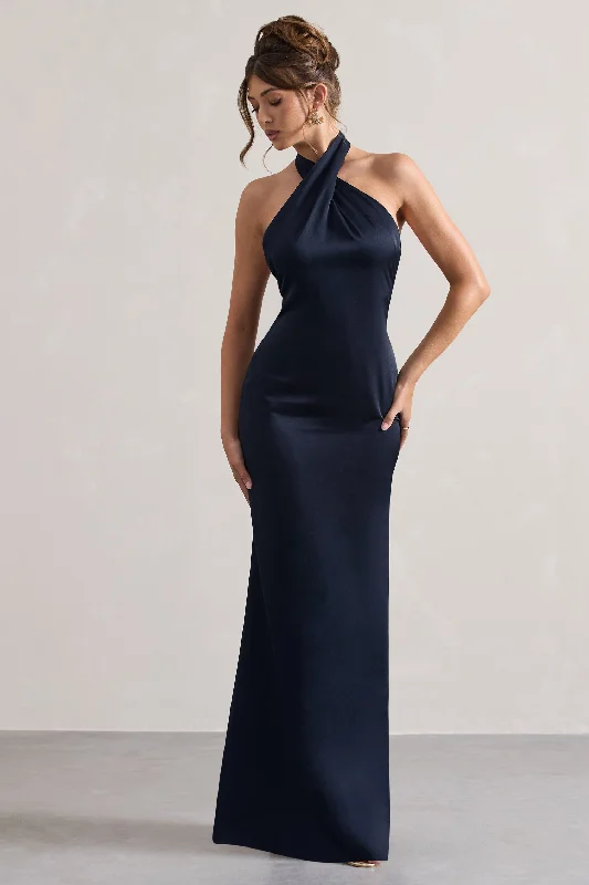 Plus Size Women Dress with a Flattering A - Line Cut for Comfort and StyleUnbeatable | Navy Satin Cross Over Halterneck Maxi Dress Plus Size Women Dress with a Flattering A - Line Cut for Comfort and StyleUnbeatable | Navy Satin Cross Over Halterneck Maxi Dress