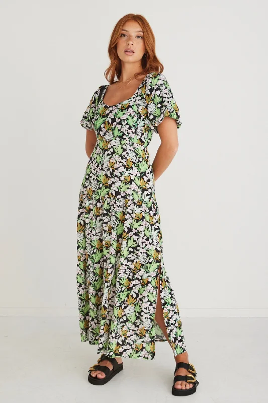 Maxi Women Dress with Floral Print for a Bohemian VibeWhimsy Black Tropical Puff Sleeve Dress