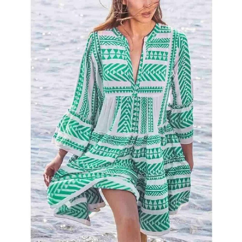 Printed Abstract Women Dress for a Modern and Artistic Appeal Printed Abstract Women Dress for a Modern and Artistic Appeal FashionSierra - New Ladies Women Fashion Boho Summer Smock Swing Dress Tops Holiday Beach Casual V Neck Loose Frill Sundress