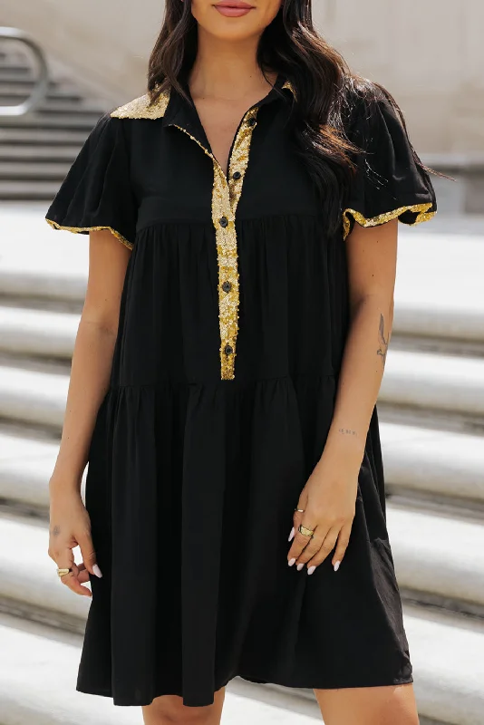 Midi dresses with pom - pom trims for a playful and festive lookSequin Trim Bubble Sleeve Shirt Dress Midi dresses with pom - pom trims for a playful and festive lookSequin Trim Bubble Sleeve Shirt Dress