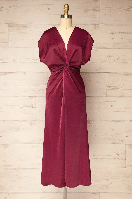 A - line midi dresses with floral prints for spring brunchesBossie Burgundy | Long Satin Dress w/ Knot Effect