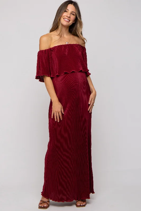 Midi dresses with metallic threads for a glamorous evening eventBurgundy Pleated Ruffle Off Shoulder Maternity Maxi Dress Midi dresses with metallic threads for a glamorous evening eventBurgundy Pleated Ruffle Off Shoulder Maternity Maxi Dress