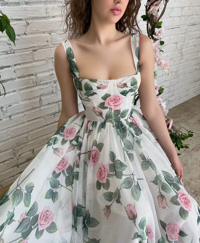 Sleeveless midi dresses with lace details for summer weddingsCelestial Rose Gown