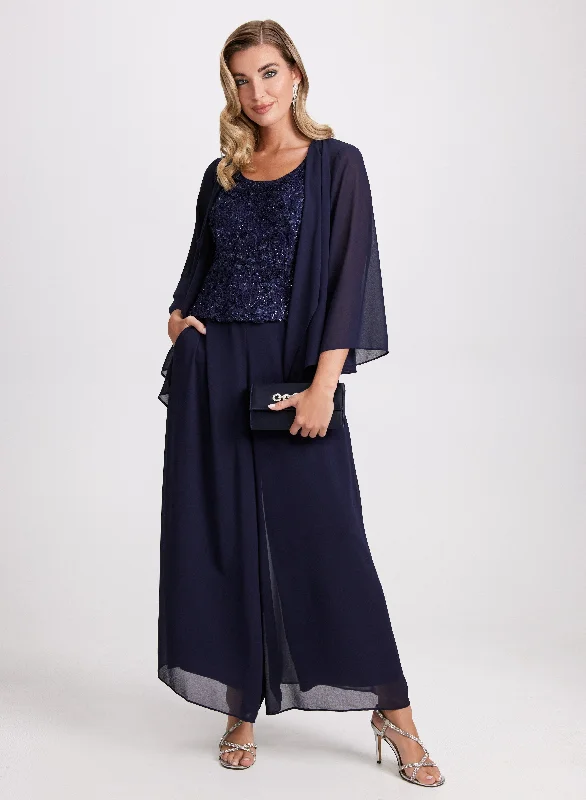 Midi dresses with pom - pom trims for a playful and festive lookChiffon Jumpsuit & Jacket Set Midi dresses with pom - pom trims for a playful and festive lookChiffon Jumpsuit & Jacket Set
