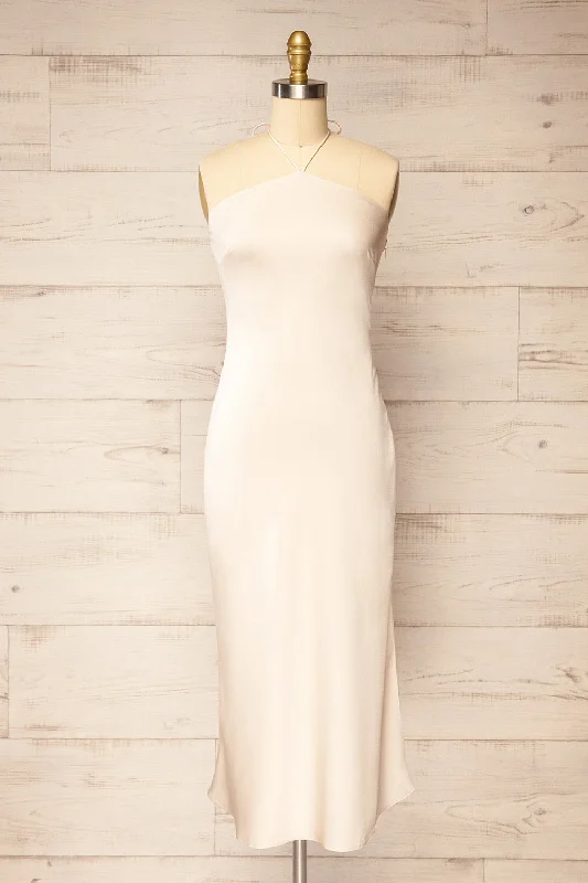 Midi dresses with puff sleeves for a vintage - inspired lookFladnbury Beige | Satin Midi Halter Dress Midi dresses with puff sleeves for a vintage - inspired lookFladnbury Beige | Satin Midi Halter Dress