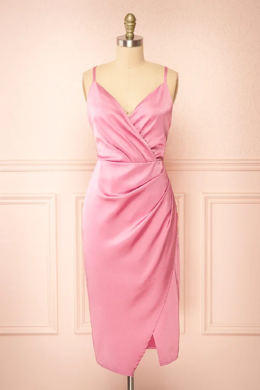 Midi dresses with ruched sleeves for a more fitted and stylish arm lookJazebelle | Pink Satin Midi Dress w/ Slit Midi dresses with ruched sleeves for a more fitted and stylish arm lookJazebelle | Pink Satin Midi Dress w/ Slit