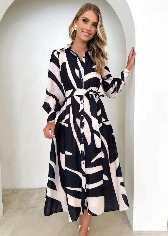 Midi dresses with fringe details for a fun and energetic styleJovie Midi Dress - Black Abstract