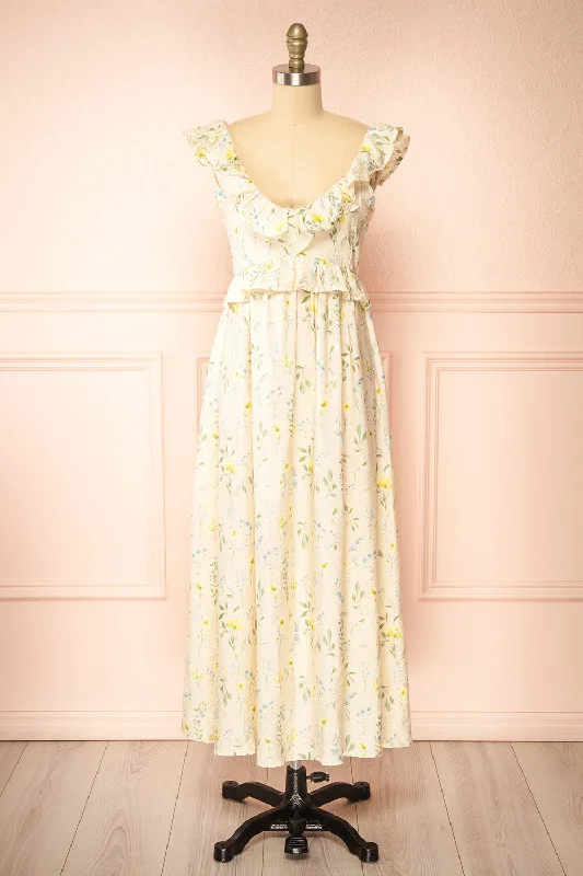 Midi dresses with sheer panels for a touch of allureLazdah | Beige Silky Midi Dress w/ Floral Pattern Midi dresses with sheer panels for a touch of allureLazdah | Beige Silky Midi Dress w/ Floral Pattern