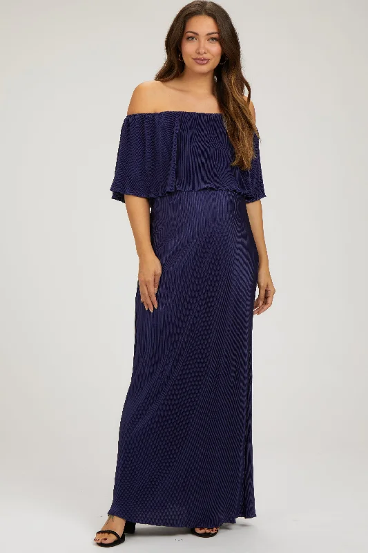 Midi dresses with tassel accents for a bohemian and free - spirited styleNavy Pleated Ruffle Off Shoulder Maternity Maxi Dress Midi dresses with tassel accents for a bohemian and free - spirited styleNavy Pleated Ruffle Off Shoulder Maternity Maxi Dress