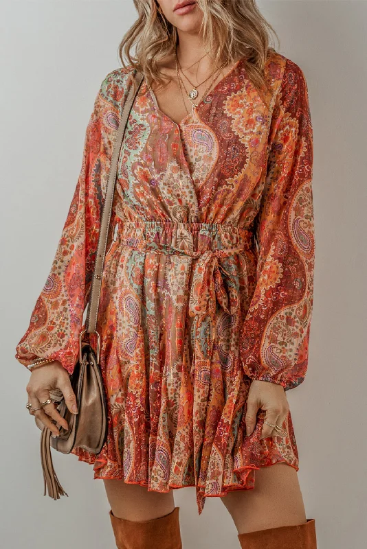 Midi dresses with one - shoulder designs for a modern and asymmetric styleBoho Paisley Long Sleeve Mini Dress