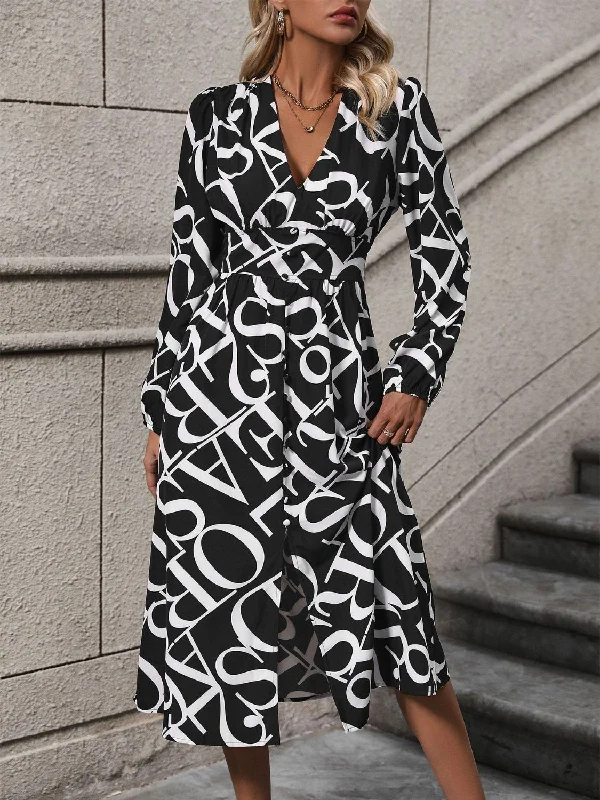 Midi dresses with metallic threads for a glamorous evening eventPrinted V-Neck Long Sleeve Midi Dress