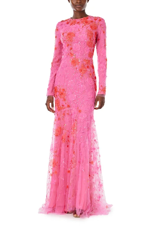 Midi dresses with button - down skirts for a unique and functional designLong Sleeve Embroidered Gown