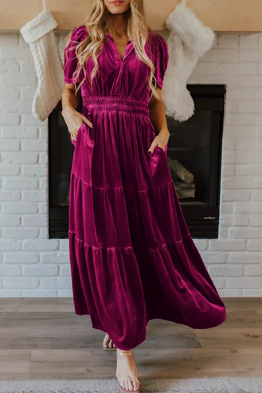 Velvet midi dresses in jewel tones for a glamorous winter eventVelvet Shirred Waist Maxi Dress Velvet midi dresses in jewel tones for a glamorous winter eventVelvet Shirred Waist Maxi Dress