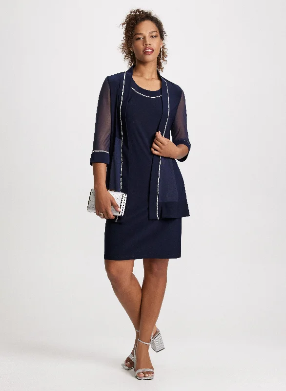 Midi dresses with off - the - shoulder necklines for a flirty lookRhinestone Trim Jacket & Dress Set Midi dresses with off - the - shoulder necklines for a flirty lookRhinestone Trim Jacket & Dress Set