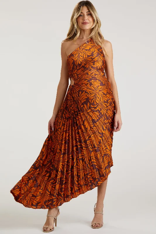 Wrap - style midi dresses in silk for a sophisticated office lookRust Pleated Print One Shoulder Maternity Maxi Dress Wrap - style midi dresses in silk for a sophisticated office lookRust Pleated Print One Shoulder Maternity Maxi Dress