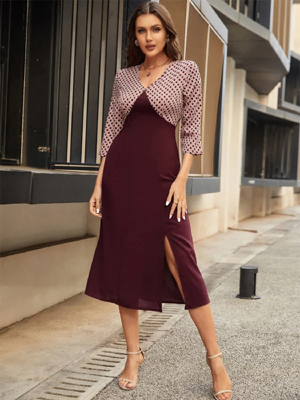 Midi dresses with sheer panels for a touch of allureSlit V-Neck Three-Quarter Sleeve Midi Dress Midi dresses with sheer panels for a touch of allureSlit V-Neck Three-Quarter Sleeve Midi Dress