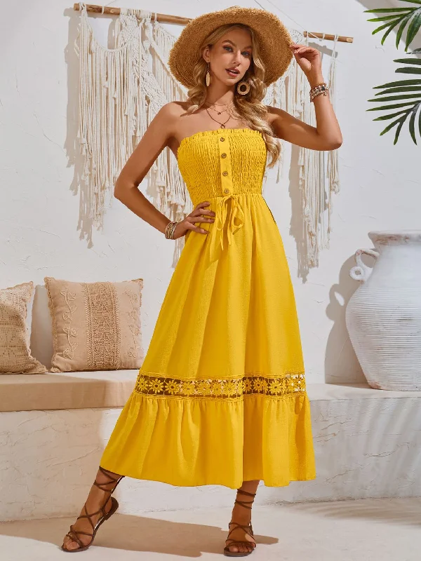 Maxi - inspired midi dresses with flowing fabrics for a beachy vibeSmocked Frill Tube Midi Dress Maxi - inspired midi dresses with flowing fabrics for a beachy vibeSmocked Frill Tube Midi Dress