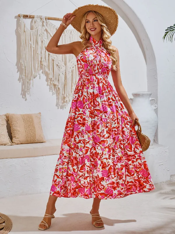 Midi dresses with pom - pom trims for a playful and festive lookSmocked Printed Sleeveless Midi Dress Midi dresses with pom - pom trims for a playful and festive lookSmocked Printed Sleeveless Midi Dress
