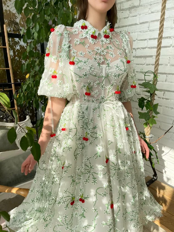Midi dresses with embroidered accents for a unique and detailed designSpringtime Cherry Dress Midi dresses with embroidered accents for a unique and detailed designSpringtime Cherry Dress