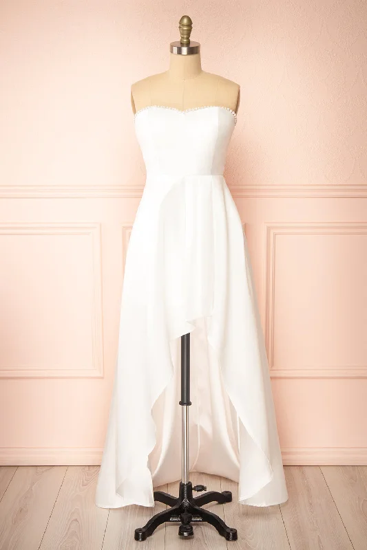 Midi dresses with asymmetric hems for a fashion - forward and dynamic appearanceStefany | White High-Low Dress w/ Pearls Midi dresses with asymmetric hems for a fashion - forward and dynamic appearanceStefany | White High-Low Dress w/ Pearls