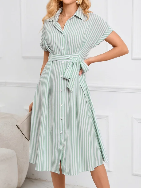 Midi dresses with embroidered accents for a unique and detailed designStriped Short Sleeve Tie Waist Midi Dress Midi dresses with embroidered accents for a unique and detailed designStriped Short Sleeve Tie Waist Midi Dress
