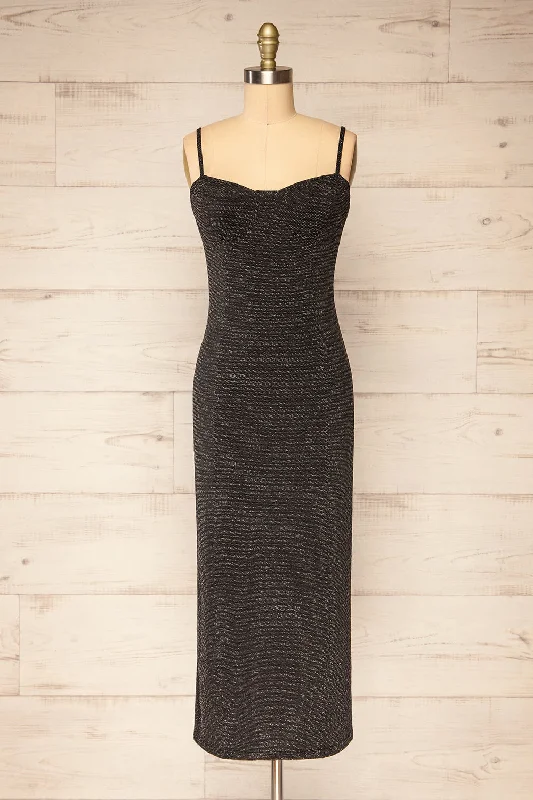 Midi dresses with halter necks for a stylish and comfortable optionSuai Silver | Fitted Midi Dress w/ Back Slit Midi dresses with halter necks for a stylish and comfortable optionSuai Silver | Fitted Midi Dress w/ Back Slit