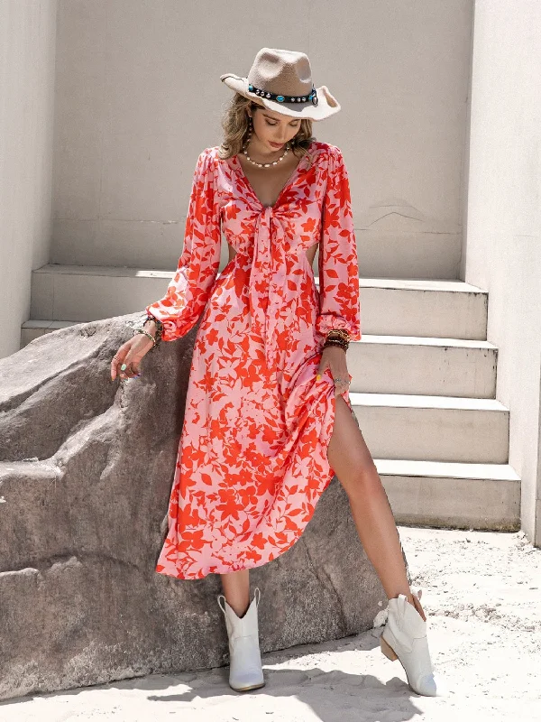 Midi dresses with polka dot prints for a playful summer outfitTied Cutout Printed Long Sleeve Midi Dress