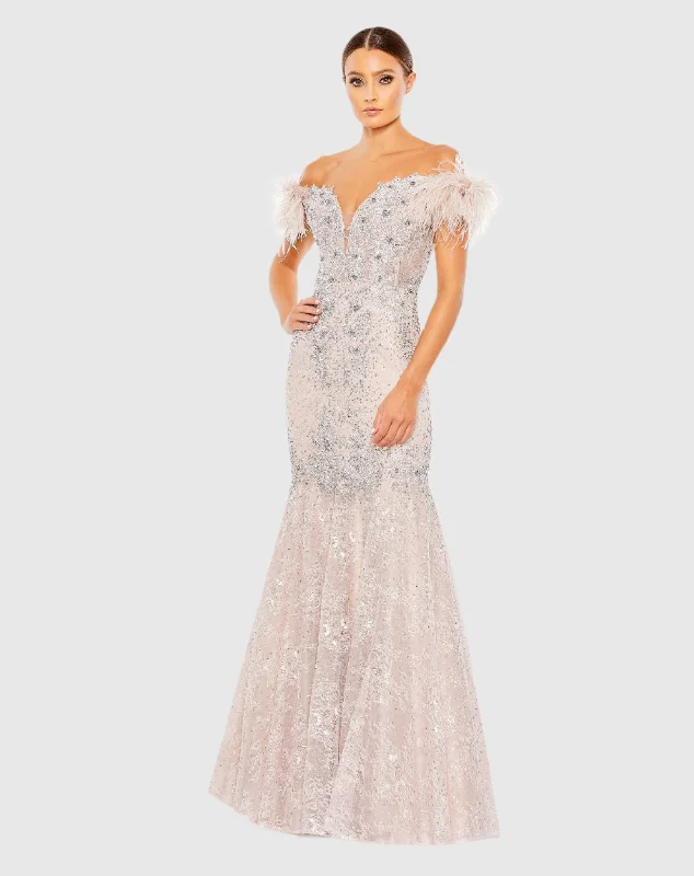Maxi dresses with off - the - shoulder styles for a romantic and breezy lookPurple Feathered Crystal Embellished Sleeveless Gown
