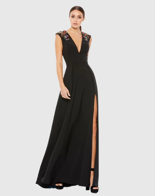 Maxi dresses with a pleated skirt for a timeless and elegant appearanceBlack Beaded Cap Sleeve V Neck A Line Gown Maxi dresses with a pleated skirt for a timeless and elegant appearanceBlack Beaded Cap Sleeve V Neck A Line Gown