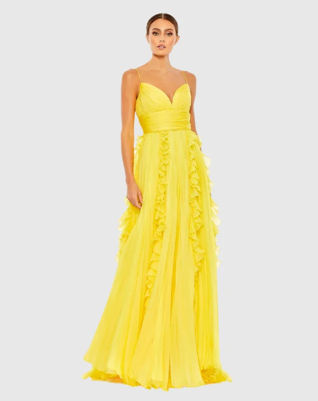 Sheer maxi dresses with lace overlays for a romantic touchYellow Pleated Sleeveless Flowy Gown Sheer maxi dresses with lace overlays for a romantic touchYellow Pleated Sleeveless Flowy Gown
