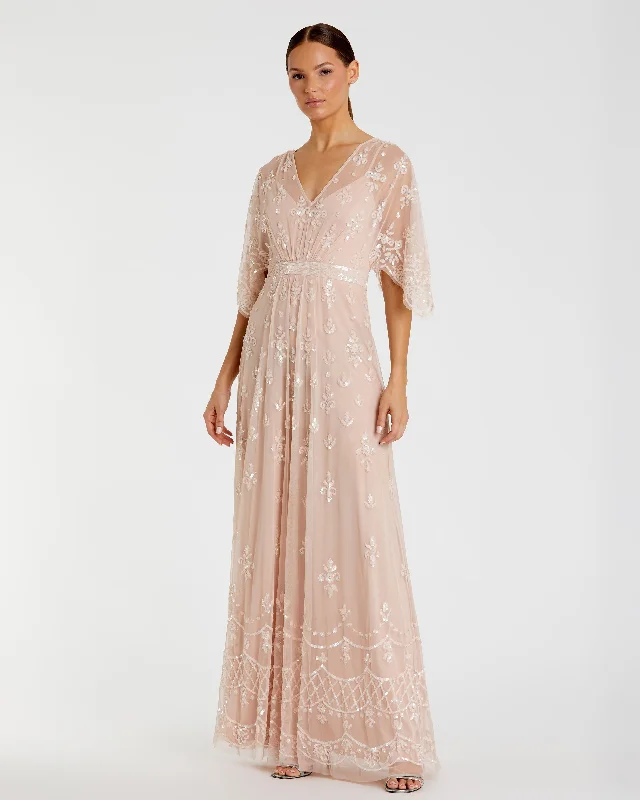 Velvet maxi dresses with long sleeves for winter weddingsV Neck Flounce Sleeve Embellished Mesh Gown Velvet maxi dresses with long sleeves for winter weddingsV Neck Flounce Sleeve Embellished Mesh Gown