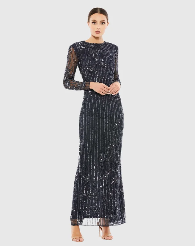 Maxi dresses with a keyhole back for a sexy detailDark Blue Embellished High Neck Illusion Long Sleeve Gown Maxi dresses with a keyhole back for a sexy detailDark Blue Embellished High Neck Illusion Long Sleeve Gown