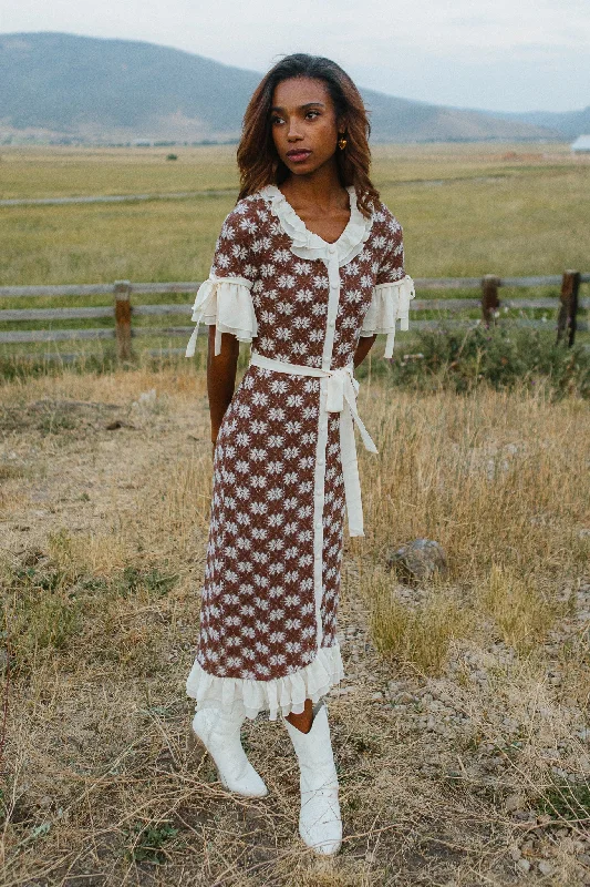 Maxi dresses with fringe trim for a bohemian vibeBecca Crochet Dress in Brown