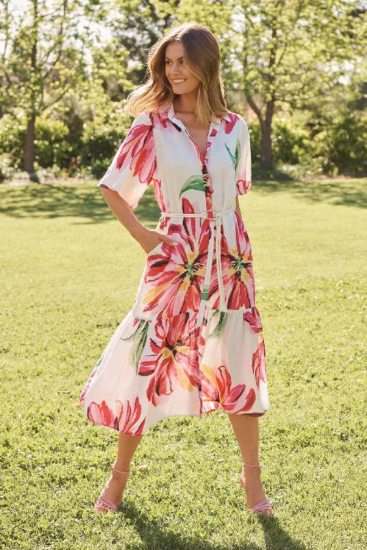 Sheer maxi dresses with lace overlays for a romantic touchCera Maxi Shirt Dress In White With Pink Floral Sheer maxi dresses with lace overlays for a romantic touchCera Maxi Shirt Dress In White With Pink Floral