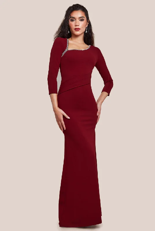 Maxi dresses with a keyhole back for a sexy detailGoddiva Asymmetric Neck Diamante Embellished Maxi Dress - Wine Maxi dresses with a keyhole back for a sexy detailGoddiva Asymmetric Neck Diamante Embellished Maxi Dress - Wine
