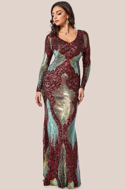 Maxi dresses with patchwork designs for a one - of - a - kind styleGoddiva Contrast Sequin Long Sleeve Maxi Dress - Wine Maxi dresses with patchwork designs for a one - of - a - kind styleGoddiva Contrast Sequin Long Sleeve Maxi Dress - Wine