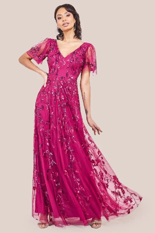 Polyester maxi dresses for easy - care and durabilityGoddiva Flared Sleeve Embroidered Maxi Dress - Magenta Polyester maxi dresses for easy - care and durabilityGoddiva Flared Sleeve Embroidered Maxi Dress - Magenta