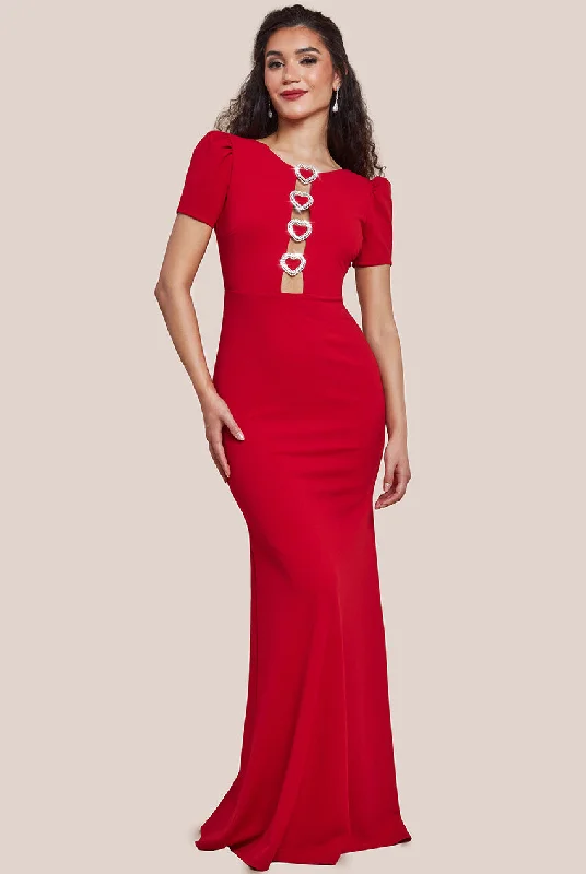 Maxi dresses with a ruched bodice for a more form - fitting and feminine shapeGoddiva Diamante Embellished Heart Brooch Scuba Maxi Dress - Red Maxi dresses with a ruched bodice for a more form - fitting and feminine shapeGoddiva Diamante Embellished Heart Brooch Scuba Maxi Dress - Red